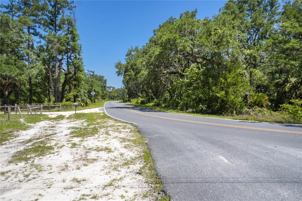 A paved road curves through a wooded area with a sandy shoulder and wooden fence — 105 NE 239TH AVENUE, OLD TOWN, FL