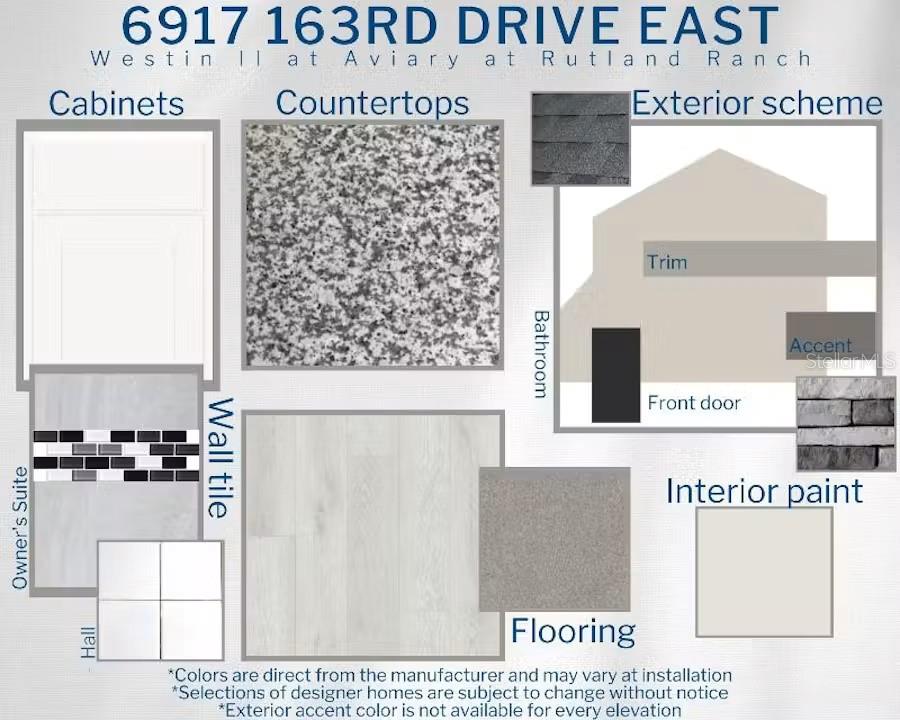 This design board displays material samples for a home, including cabinetry, countertops, flooring, and exterior finishes — 6917 163RD DRIVE E, PARRISH, FL