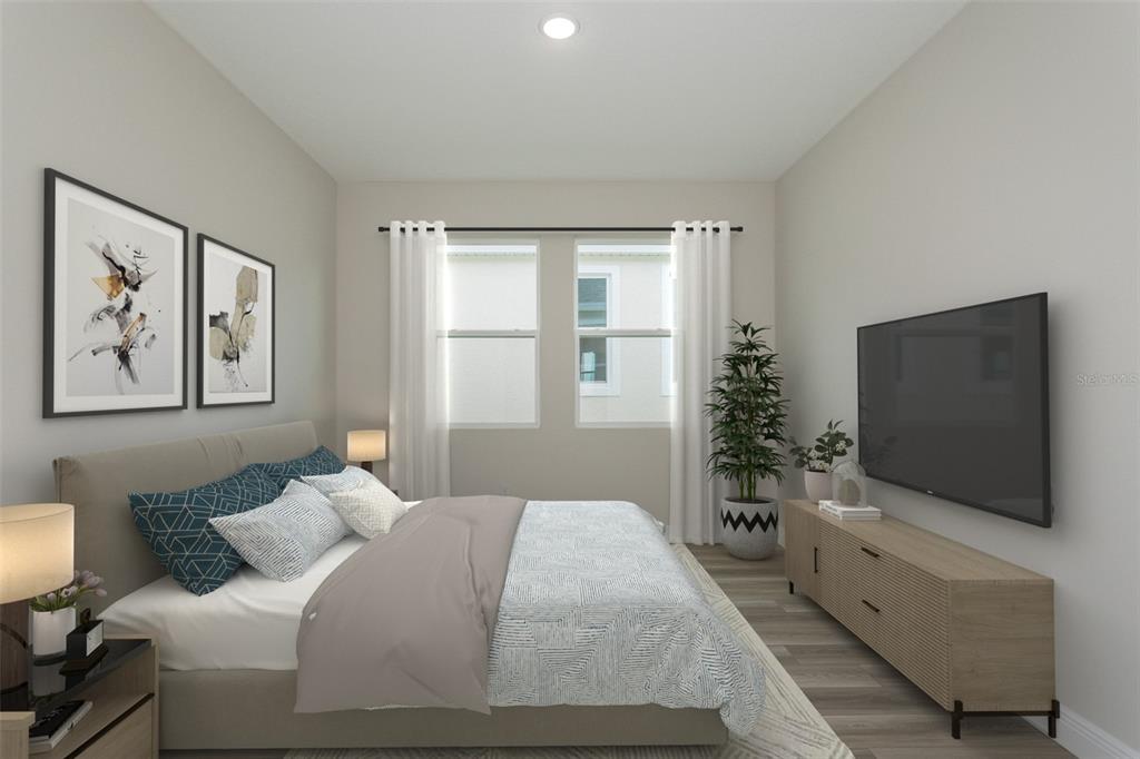 This is a digital rendering of a modern bedroom with a bed, television, and windows — 33531 HAMMOCK BEACH WAY, DADE CITY, FL