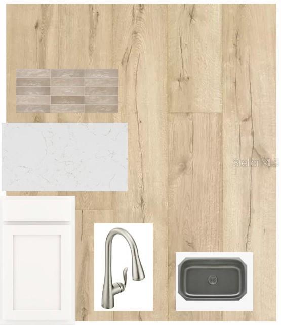 This is a design board showing kitchen finish samples including flooring, cabinetry, countertops, and fixtures — 5242 COLONY VISTA DRIVE, APOLLO BEACH, FL