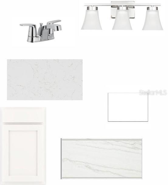 This image shows a digital collage of bathroom finishes including cabinetry, countertop, lighting, and hardware — 5242 COLONY VISTA DRIVE, APOLLO BEACH, FL