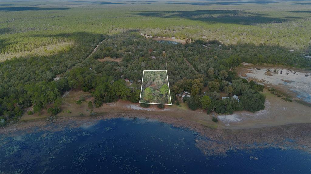 An aerial view shows a wooded lot outlined in white bordering a large lake — TBD SE 256TH AVENUE, UMATILLA, FL