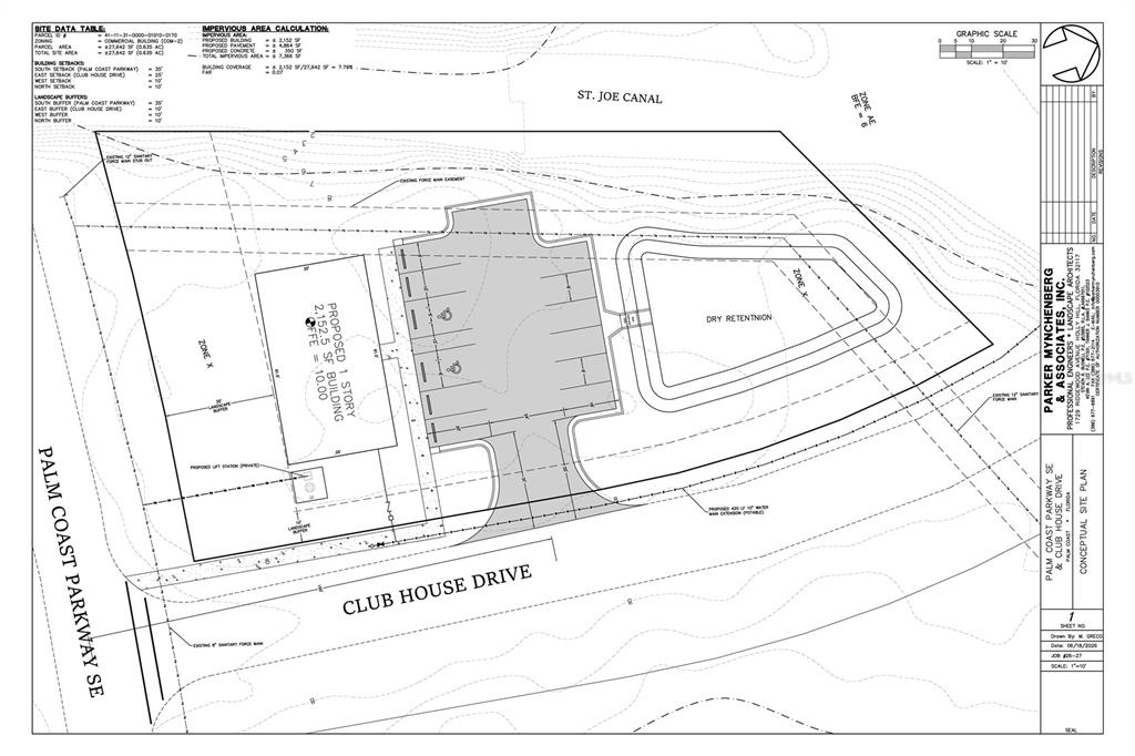 This is a conceptual site plan for a commercial property with a building and parking lot — CLUB HOUSE DRIVE, PALM COAST, FL
