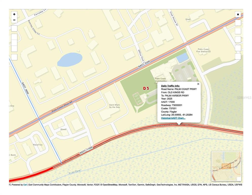 This is a map showing traffic data for Palm Coast Parkway in Flagler County, Florida — CLUB HOUSE DRIVE, PALM COAST, FL
