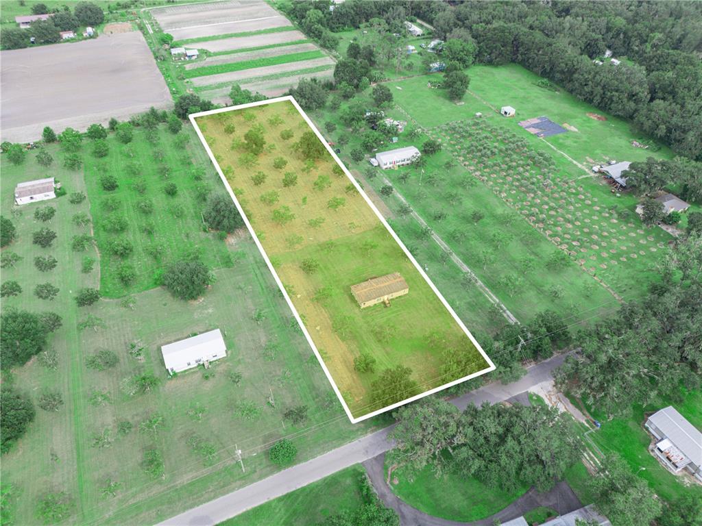 An aerial view shows a rectangular property lot containing a house surrounded by trees — 8564 CAREY ROAD, LITHIA, FL