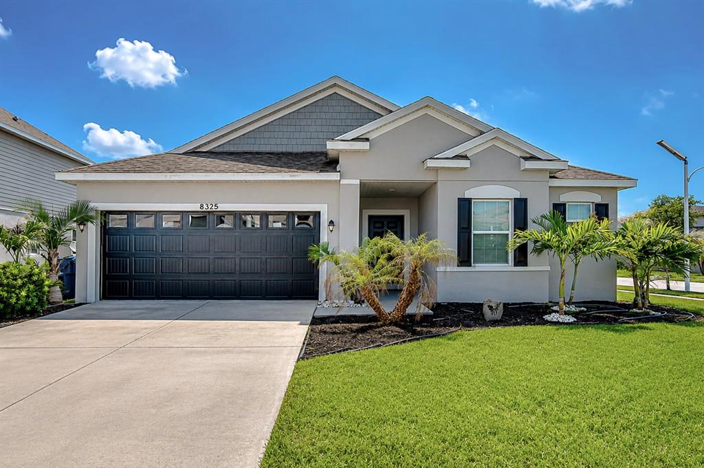 A single-story suburban house with a gray exterior, a two-car garage, and palm trees — 8325 OLIVE BROOK DRIVE, WESLEY CHAPEL, FL