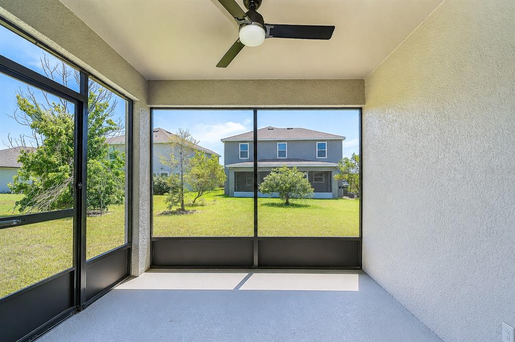 A screened-in patio with a ceiling fan overlooks a grassy backyard and neighboring houses — 8325 OLIVE BROOK DRIVE, WESLEY CHAPEL, FL