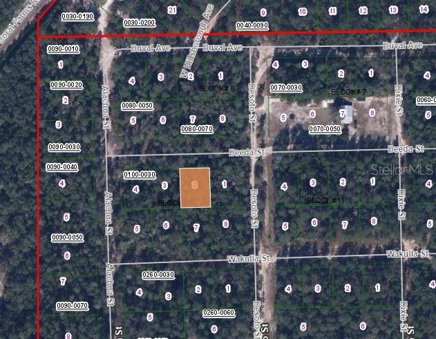 This is a map showing a highlighted rectangular land parcel located between Deeda and Wakulla Streets — 105 DEEDA STREET, FLORAHOME, FL