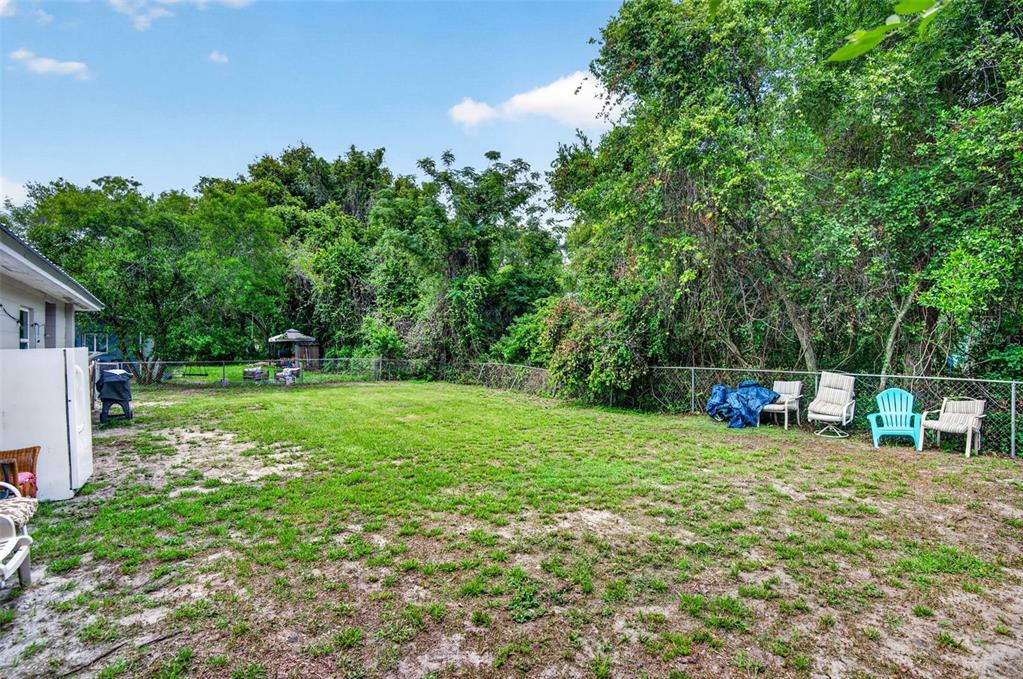 A grassy backyard features a chain-link fence, several outdoor chairs, and dense surrounding trees — 14002 MORGAN ST, DADE CITY, FL