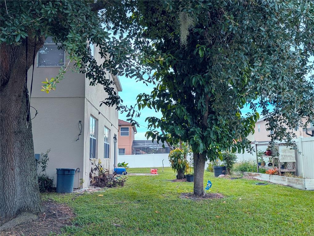 A side view of a house exterior with a grassy yard and several trees — 4664 CAVERNS DRIVE, KISSIMMEE, FL