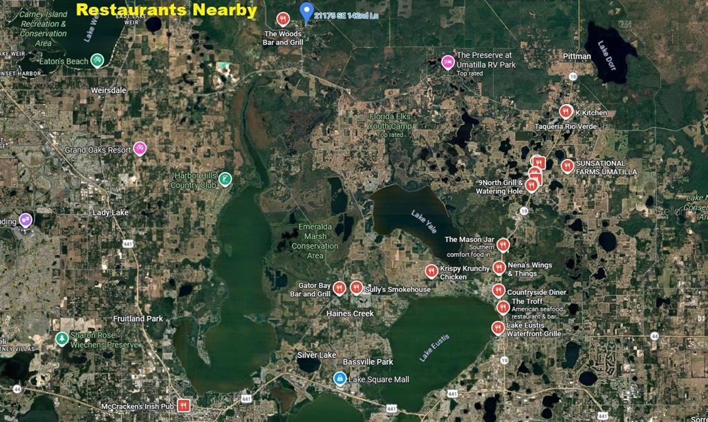 This is a map showing the locations of various restaurants and landmarks in Florida — 21175 SE 142ND LANE, UMATILLA, FL