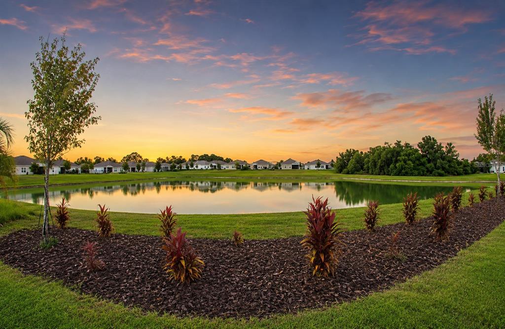 A pond sits in front of a residential neighborhood at sunset with landscaped garden beds — 2025 HAVASU FALLS AVENUE, DELAND, FL