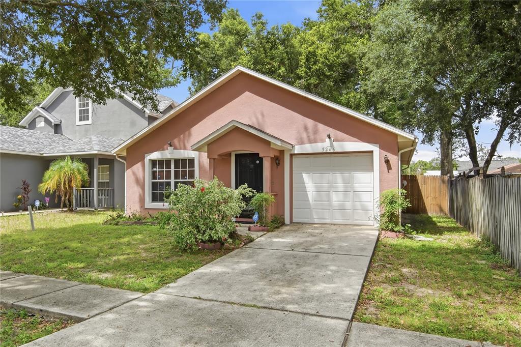 A single-story pink house with a white garage door and a concrete driveway — 5246 MANGO FRUIT STREET, SEFFNER, FL