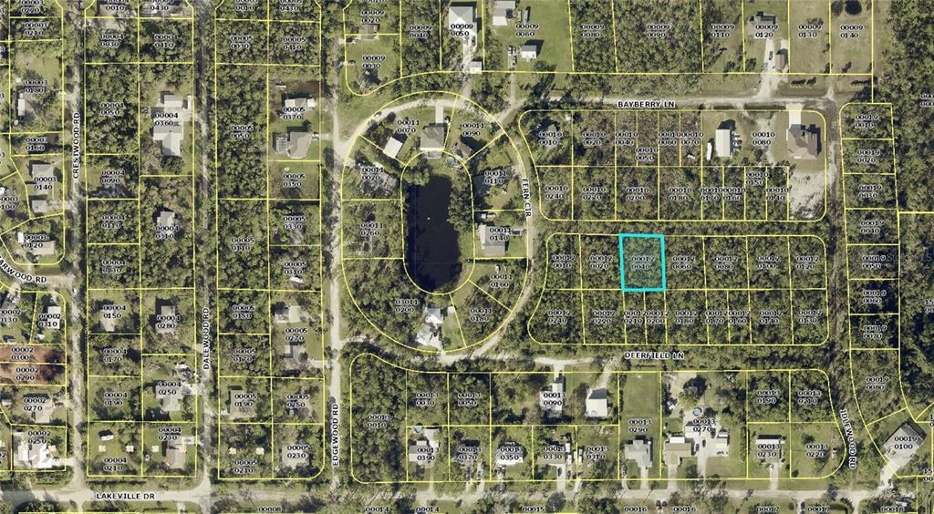 This is an aerial map showing residential lots and a small lake — 2298 CHURCHILL LANE, NORTH FORT MYERS, FL