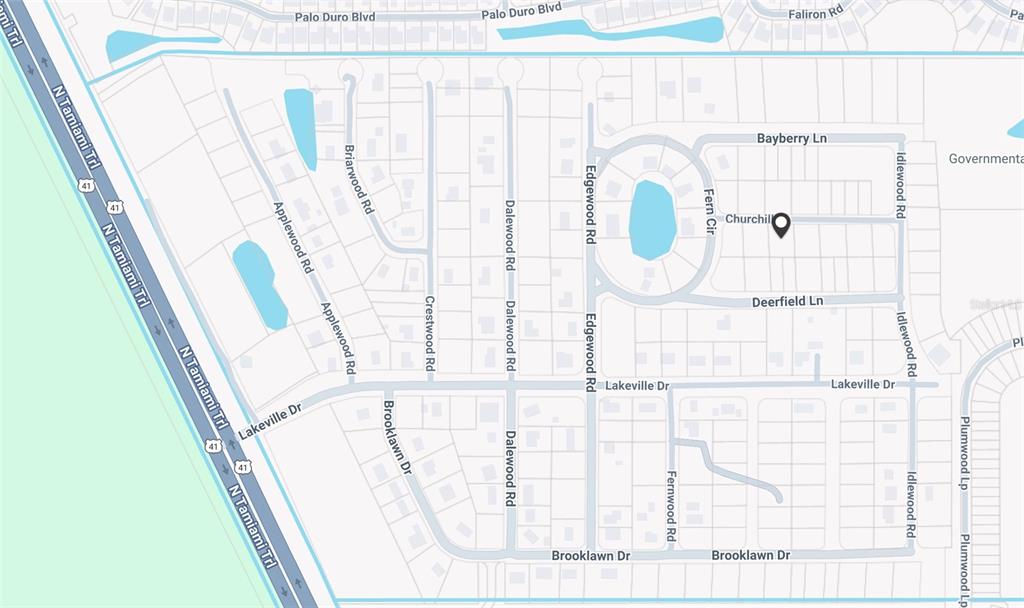 This image is a map showing residential streets and a location marker in a neighborhood — 2298 CHURCHILL LANE, NORTH FORT MYERS, FL