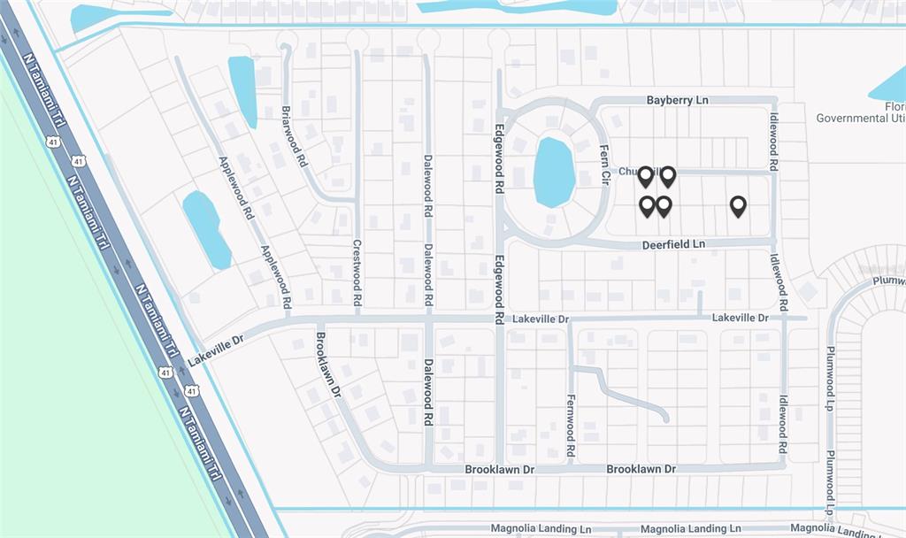 This is a map showing residential streets and neighborhood layouts in a suburban area — 2298 CHURCHILL LANE, NORTH FORT MYERS, FL