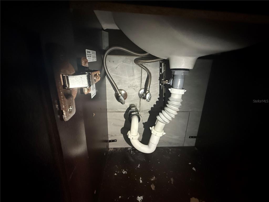 Under-sink plumbing with a flexible drain pipe and supply lines inside a dark cabinet — 10616 GODFREY LANE, ORLANDO, FL