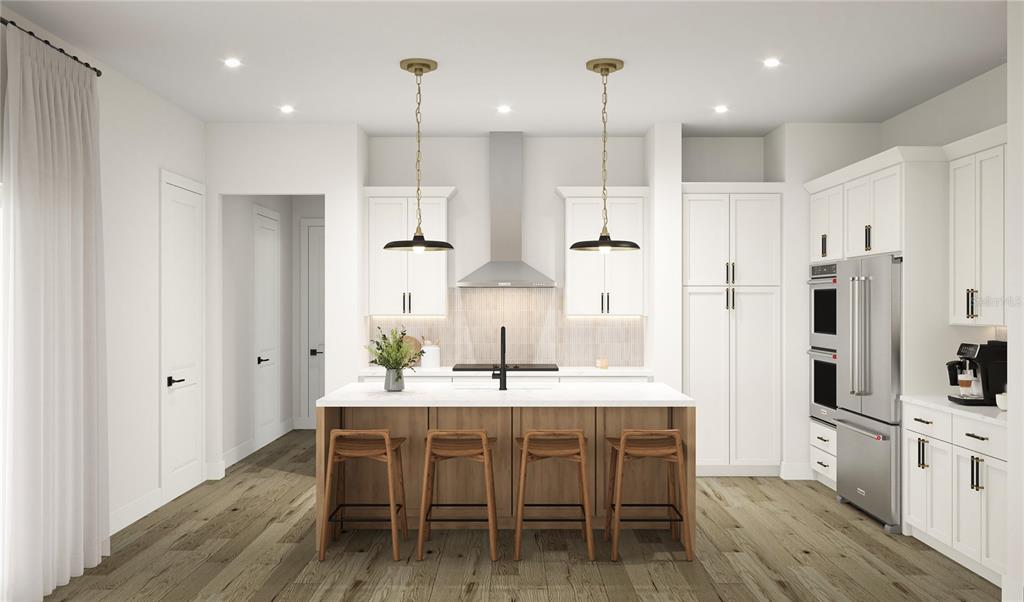 This rendering shows a modern kitchen with a central island, white cabinetry, and wood flooring — 3520 W PRICE AVENUE, TAMPA, FL