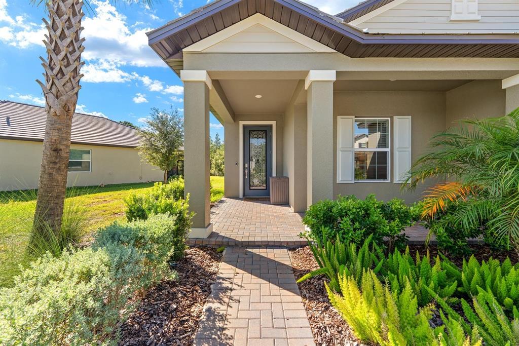A paved walkway leads to the front entrance of a house with a palm tree — 10314 BANYAN BREEZE BOULEVARD, LAND O LAKES, FL