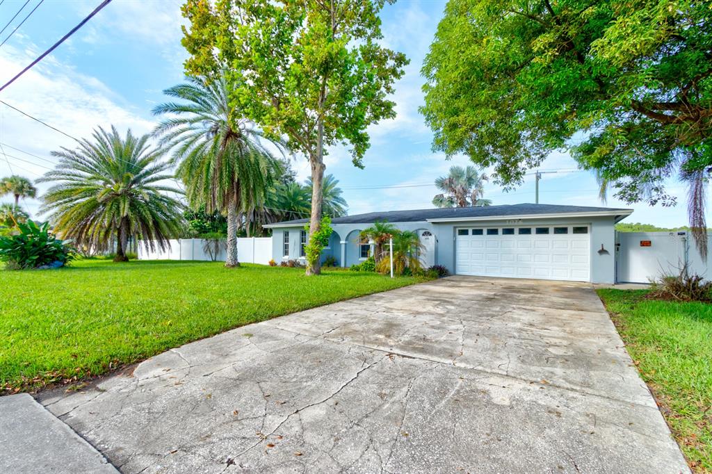A single-story house with a white garage door, concrete driveway, and palm trees in front — 1026 LAKE AVENUE, EDGEWATER, FL