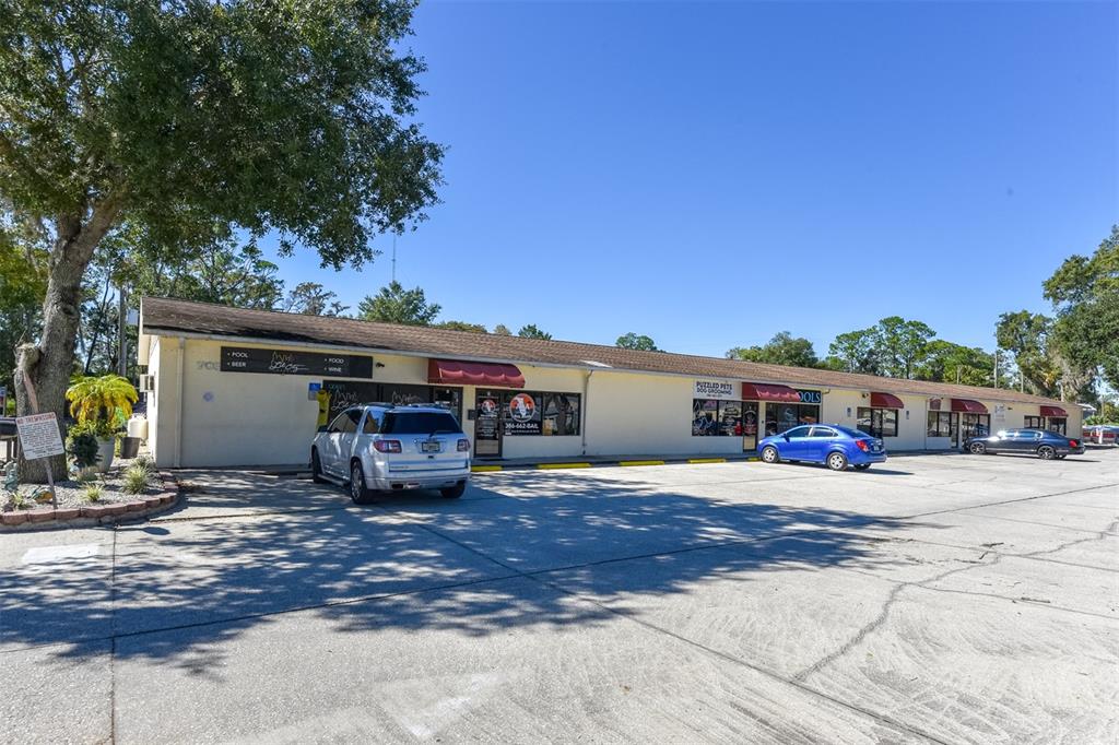 A single-story commercial strip mall with a parking lot and several small storefronts — 703 S STATE STREET, BUNNELL, FL