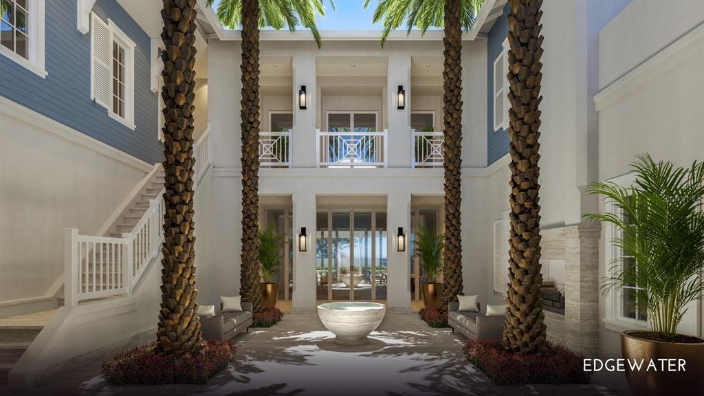 This architectural rendering shows a courtyard with palm trees, a fountain, and a staircase — 1420/1440 GULF BOULEVARD, BELLEAIR SHORE, FL