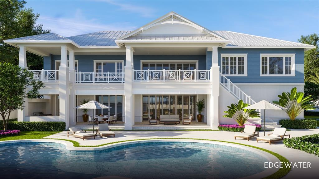 This is a rendering of a two-story blue house with a pool and patio — 1420/1440 GULF BOULEVARD, BELLEAIR SHORE, FL