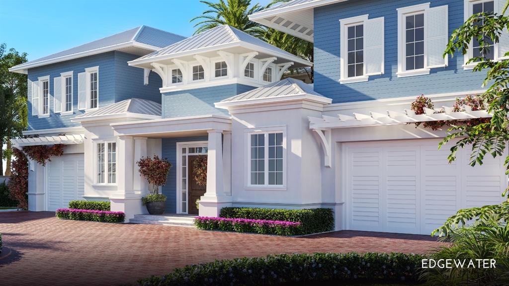 A rendering of a two-story blue and white coastal house with a brick driveway — 1420/1440 GULF BOULEVARD, BELLEAIR SHORE, FL