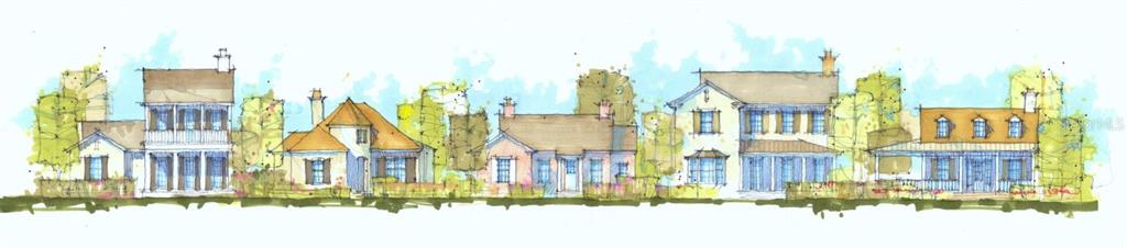 This architectural rendering depicts a streetscape featuring five distinct residential homes with varying exterior styles — 654 JAMES MOORE DRIVE, MOUNT DORA, FL