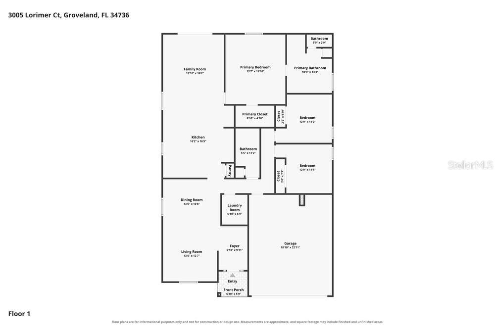 This is a floor plan for a single-story house with a garage and three bedrooms — 3005 LORIMER COURT, GROVELAND, FL