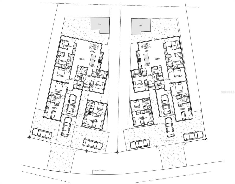 This floor plan shows two mirrored residential buildings with attached garages and concrete driveways — GROVELAND AVENUE, VENICE, FL