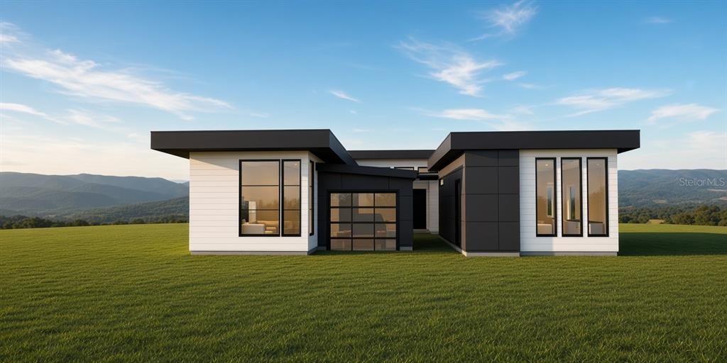 This is a rendering of a modern, flat-roofed house with white siding and dark accents — GROVELAND AVENUE, VENICE, FL
