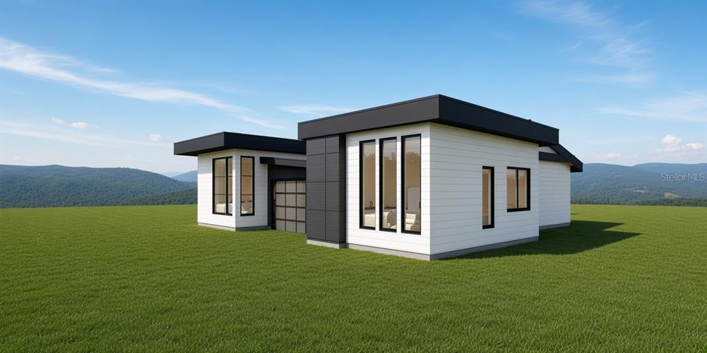 This is a digital rendering of a modern, flat-roofed house with white siding and black accents — GROVELAND AVENUE, VENICE, FL
