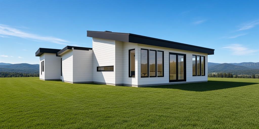 A digital rendering of a modern, white, single-story house with a flat roof and mountains — GROVELAND AVENUE, VENICE, FL