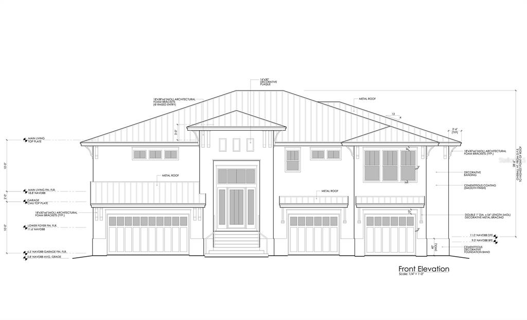 This is an architectural front elevation rendering of a two-story house with a metal roof — 139 9TH STREET E, TIERRA VERDE, FL