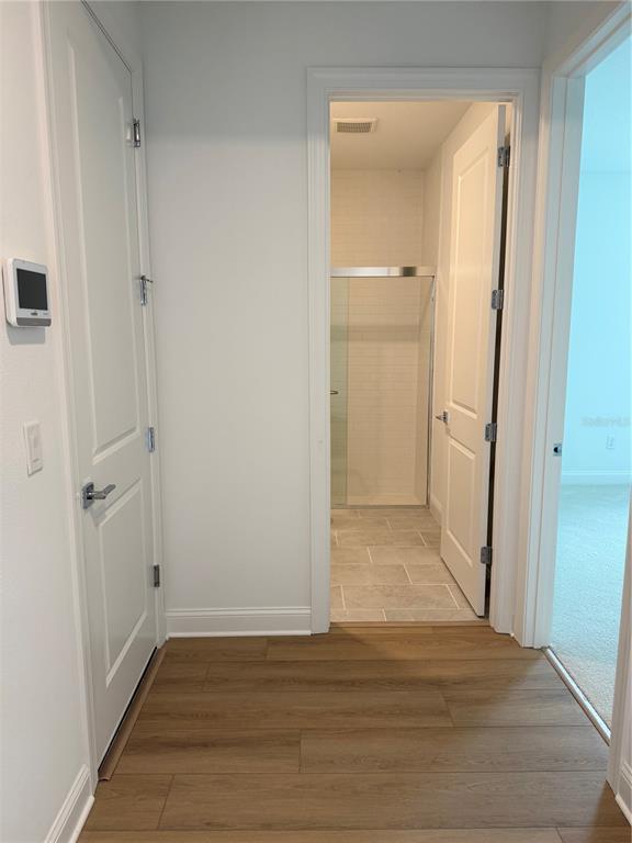 A hallway with wood-look flooring leads to a bathroom with a glass-enclosed shower — 5853 WINDBREAK COURT, APOLLO BEACH, FL