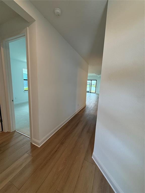 A hallway with wood-look flooring leads toward a bright living area with a sliding door — 5853 WINDBREAK COURT, APOLLO BEACH, FL