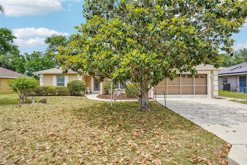 The exterior of a beige house features a covered entryway with a glass-paneled front door — 86 BAHIA TRACE TRAIL, OCALA, FL