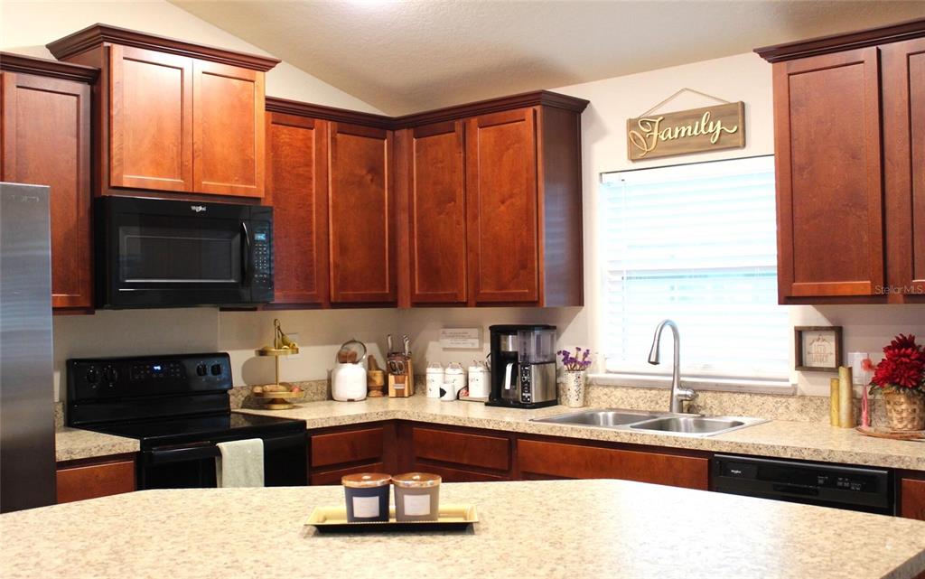 A kitchen features dark wood cabinets, a stainless steel sink, and a speckled laminate countertop — 826 LANDMARK HILLS DRIVE, HAINES CITY, FL