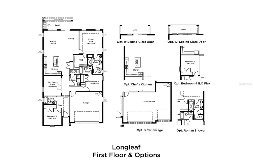 This floor plan shows the layout and optional configurations for a single-story residential home — 30314 EMERALD FOREST DRIVE, MOUNT DORA, FL