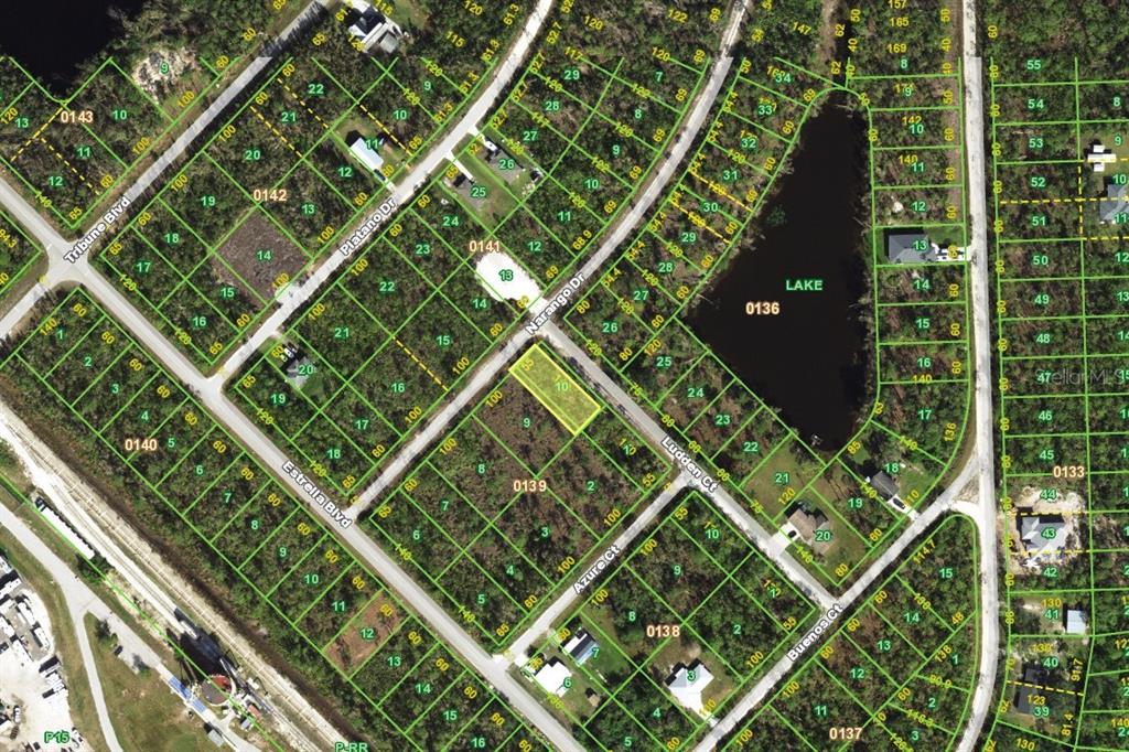 This is an aerial map showing residential lots, streets, and a lake — 12114 LUDDEN COURT, PUNTA GORDA, FL