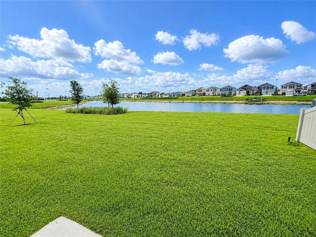 A grassy backyard overlooks a pond with a row of suburban houses in the distance — 2085 LASSO LOOP, EAGLE LAKE, FL
