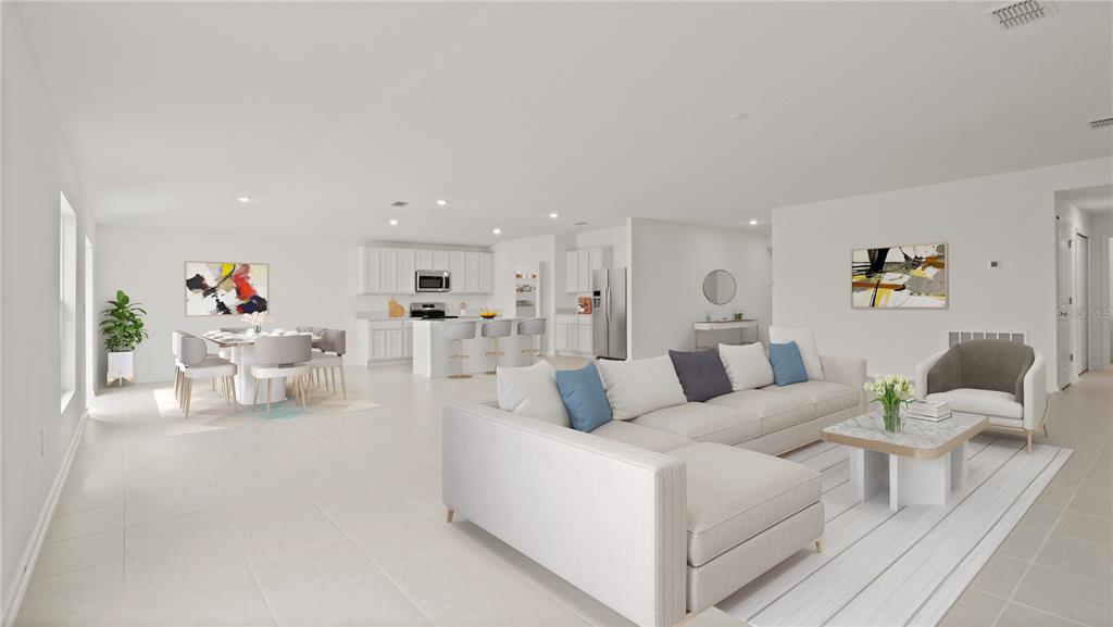 This is a digital rendering of an open-concept living room and kitchen with white cabinetry — 2085 LASSO LOOP, EAGLE LAKE, FL