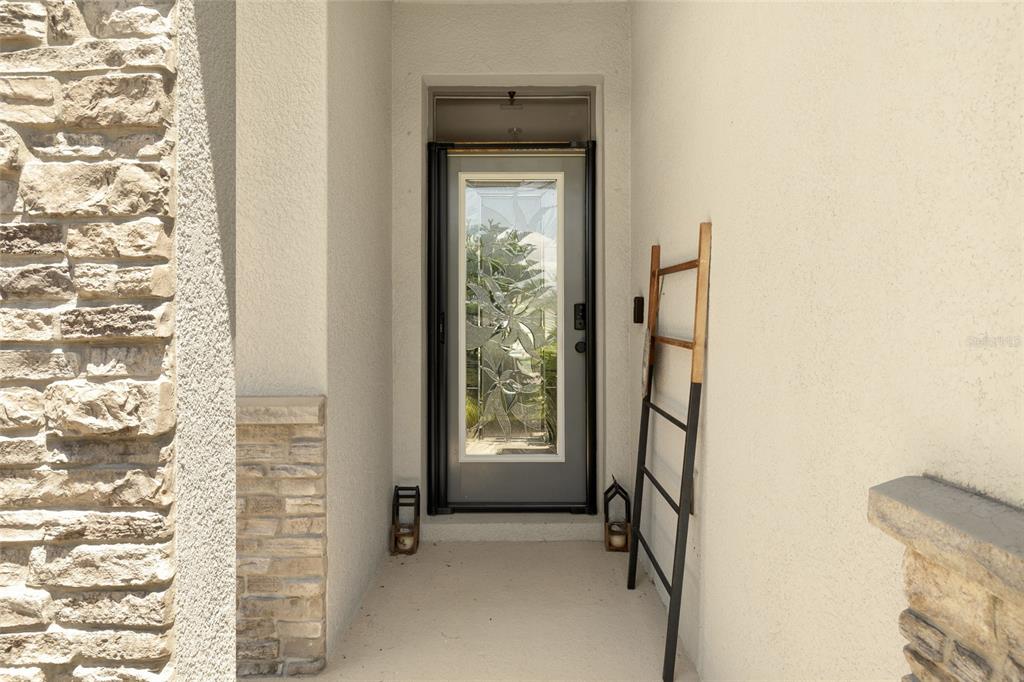 A front entryway features a decorative glass door, stone siding, and a leaning wooden ladder — 13301 WATERLEAF GARDEN CIRCLE, RIVERVIEW, FL