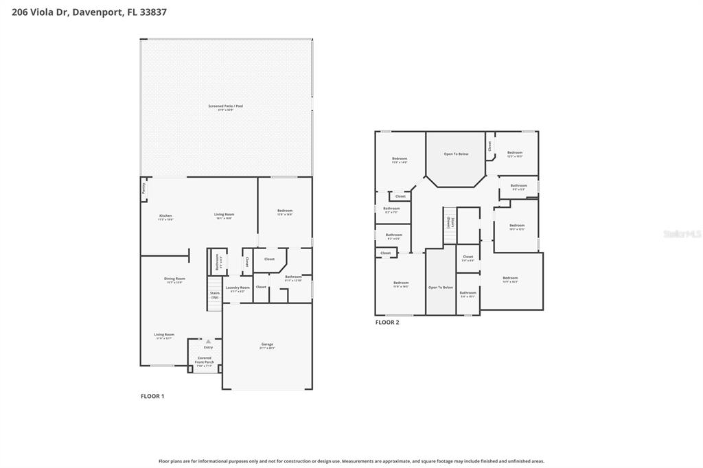 This is a two-story floor plan showing the layout of a residential home — 206 VIOLA DRIVE, DAVENPORT, FL
