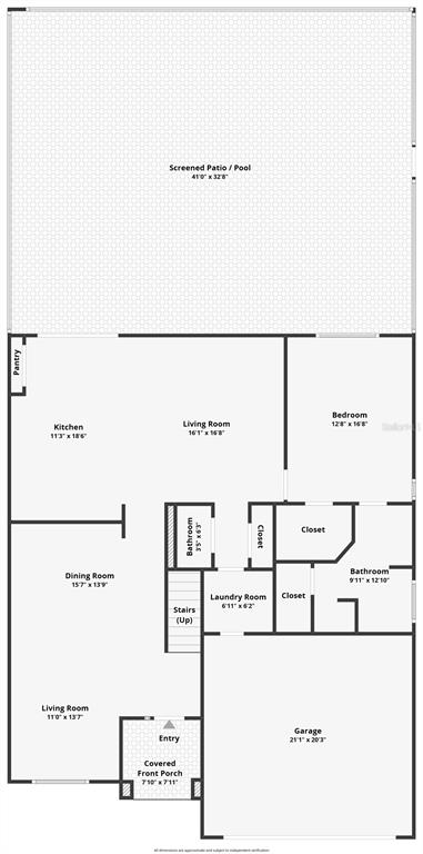 This floor plan shows a single-story home layout with a garage, pool, and screened patio — 206 VIOLA DRIVE, DAVENPORT, FL