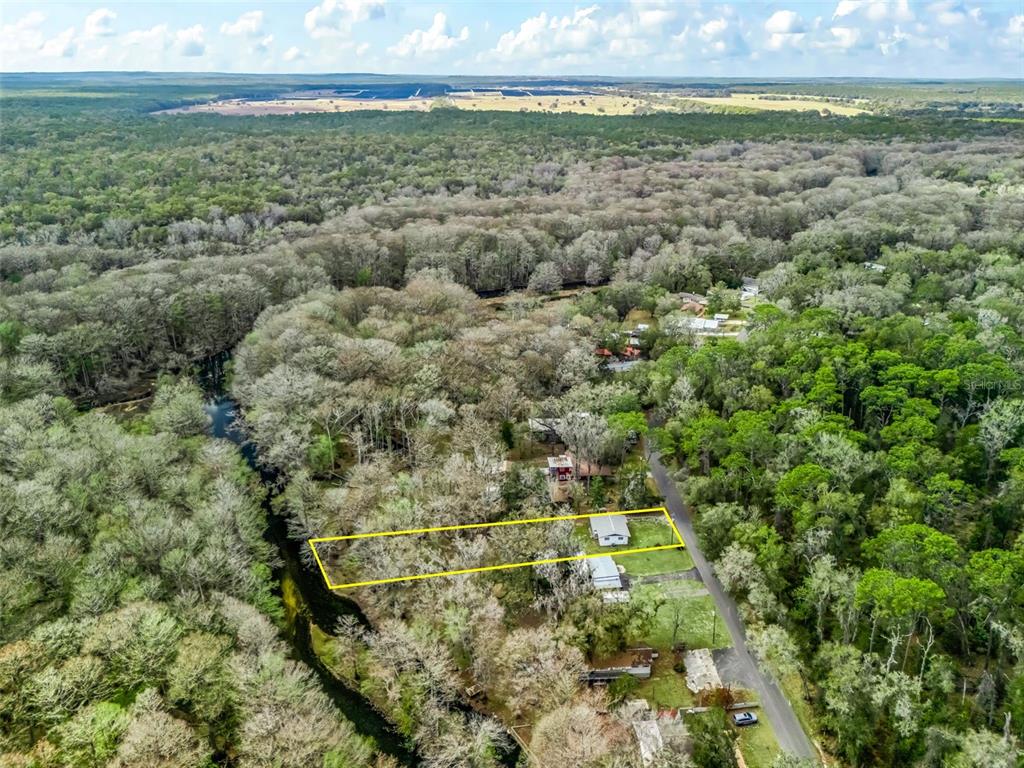 An aerial view shows a rectangular lot outlined in yellow bordering a wooded riverbank — 8935 CR 647S, BUSHNELL, FL