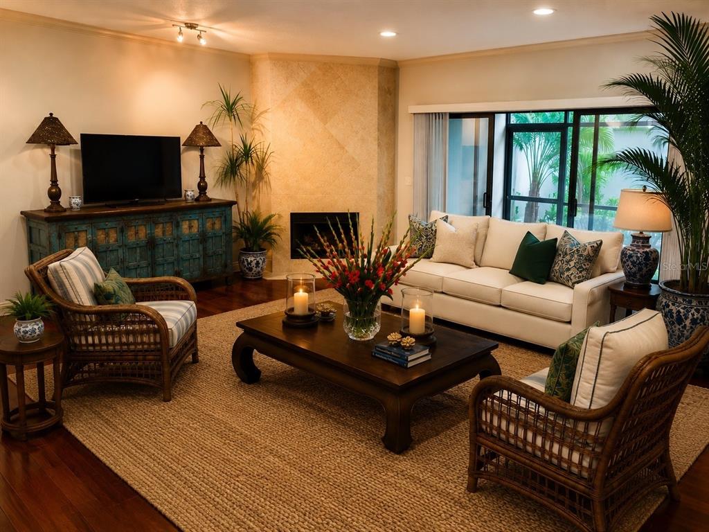 A living room features a fireplace, a dark wood coffee table, and wicker armchairs — 1000 WINDERLEY PLACE UNIT 128, MAITLAND, FL