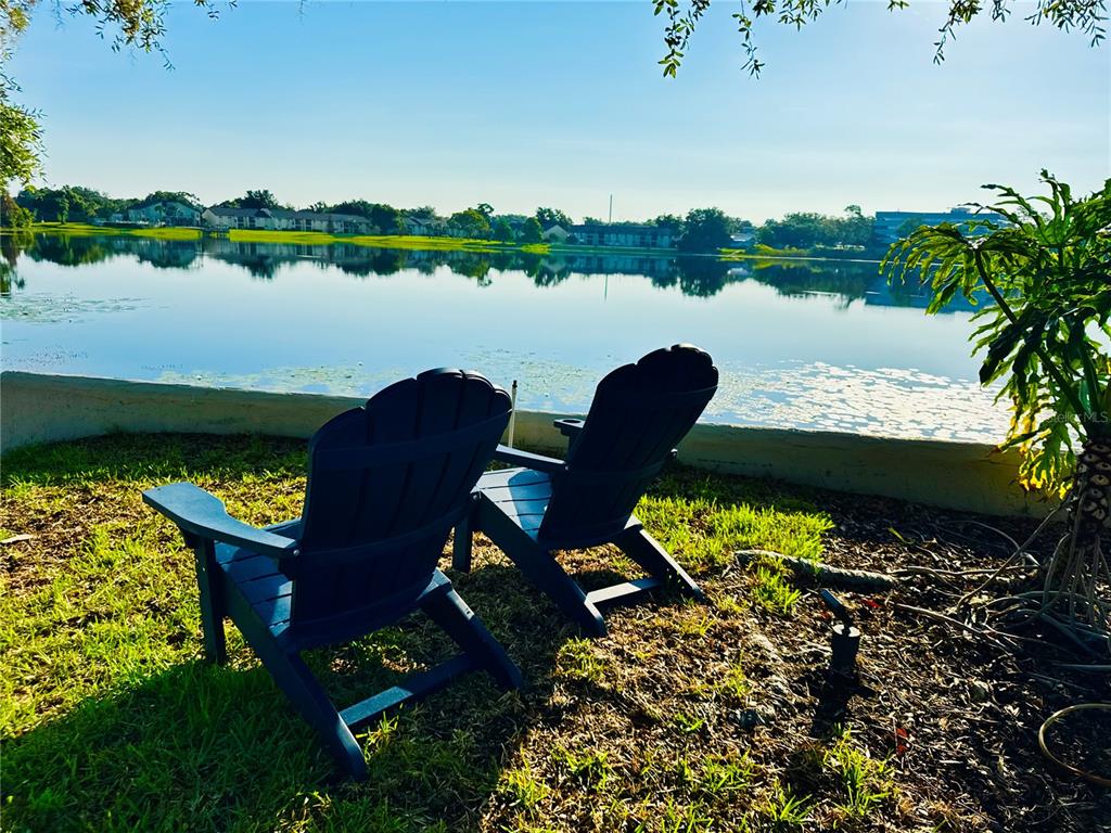 Two dark blue Adirondack chairs sit on a grassy lawn overlooking a calm lake — 1000 WINDERLEY PLACE UNIT 128, MAITLAND, FL
