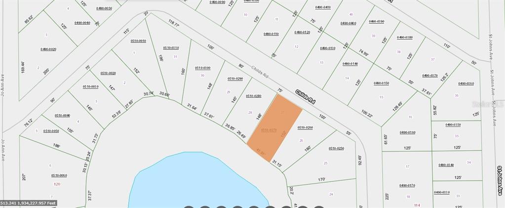 This is a property tax map showing parcel boundaries and lot dimensions along Childs Road — 0 NONE, INTERLACHEN, FL